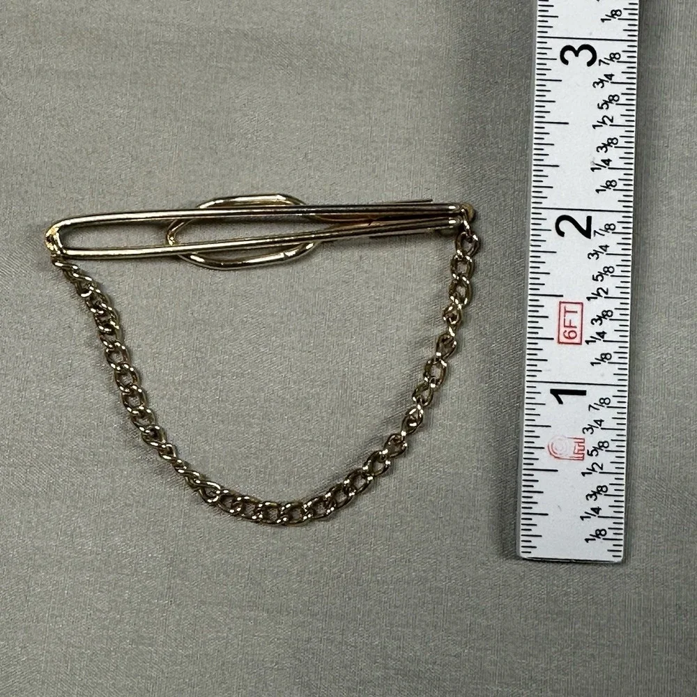 Vintage‎ Gold Tone Tie Bar Clip w/ Chain Mid-Century Men's Accessory Retro